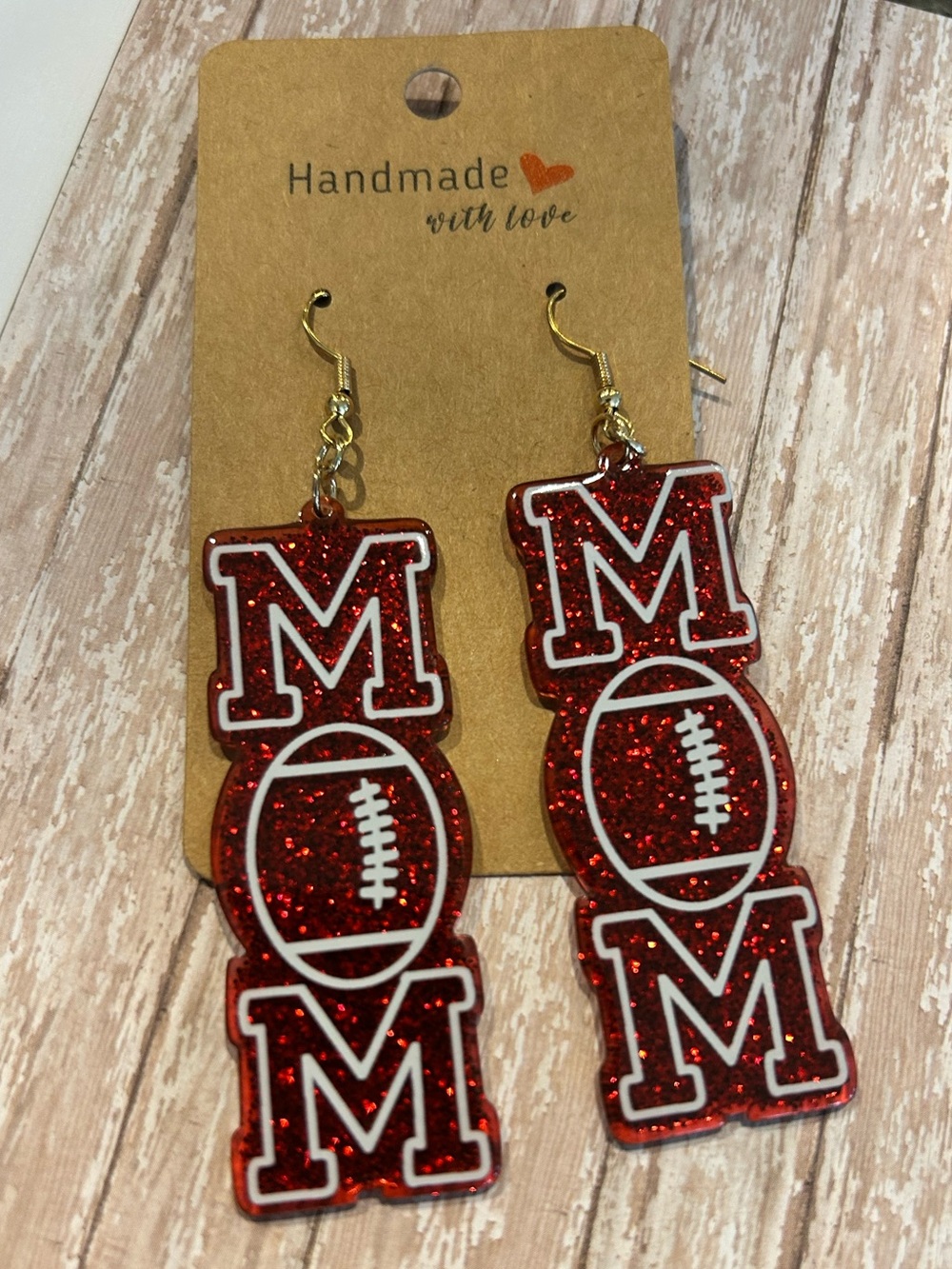 Red Glitter "MOM" Football Dangle Earrings